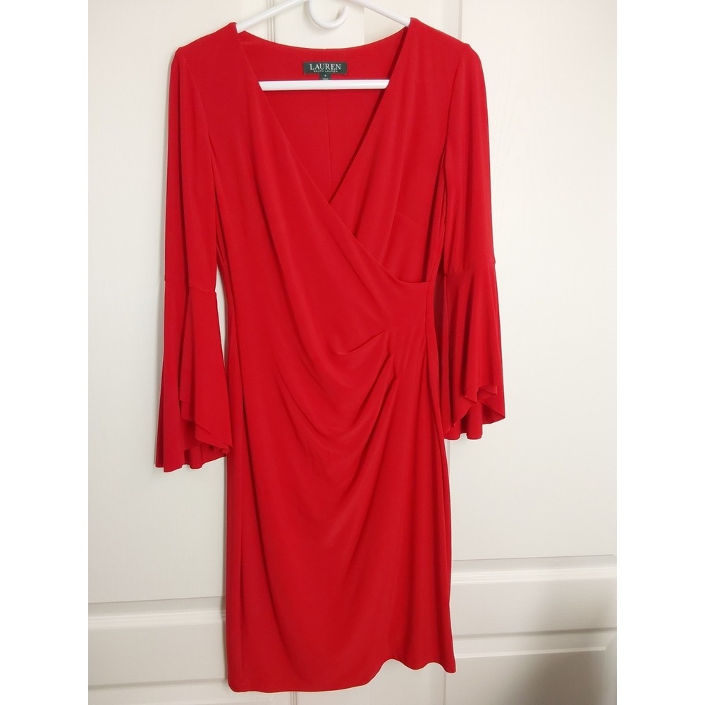 Lauren Ralph Lauren Red Faux Wrap Bell Sleeve Dress‎ Women's Size 2